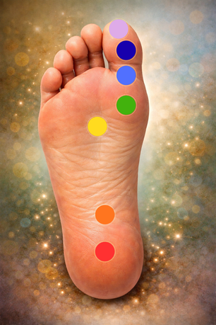 Infographie d’un pied montrant les 7 chakras