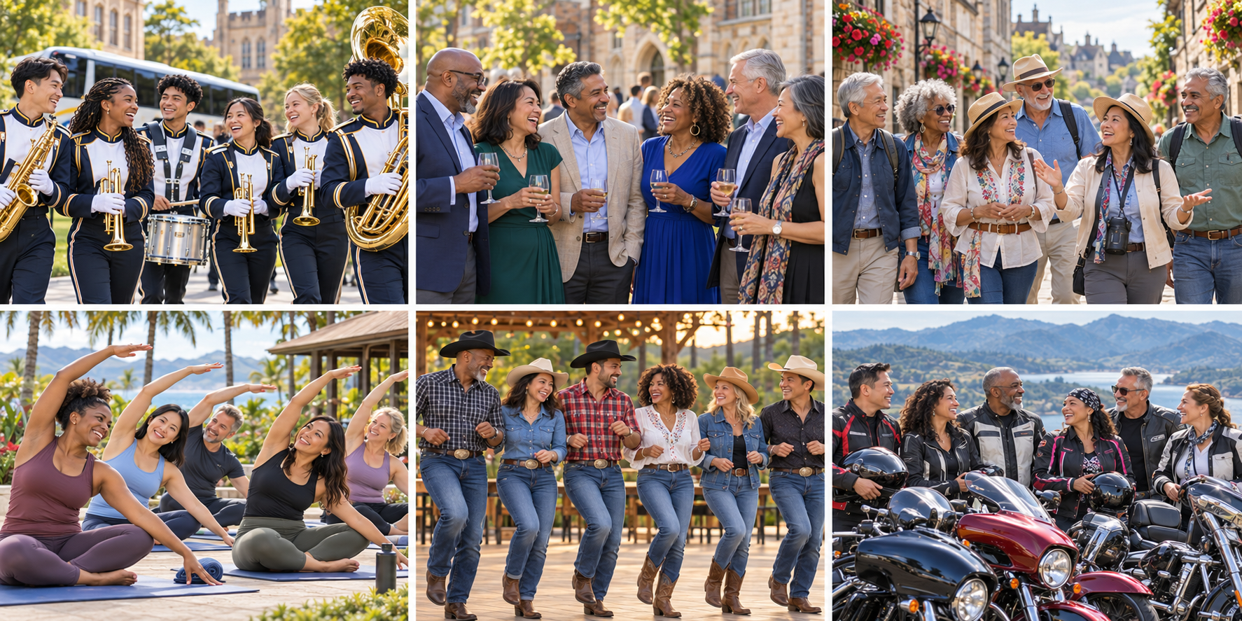 Six-panel collage of diverse groups enjoying marching band travel, an alumni reunion, a senior walking tour, a Pilates retreat, line dancing and a motorcycle club outing.