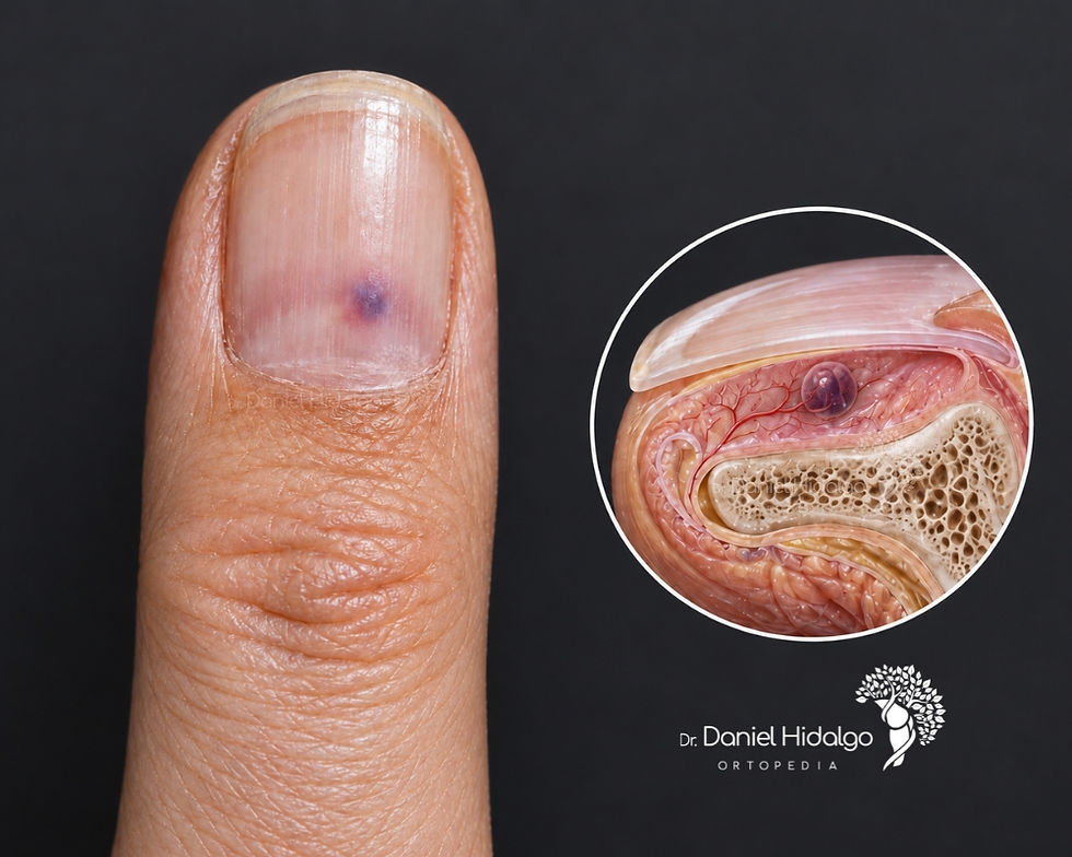 Index finger with purple stain under the nail and cut-out medical illustration, with Dr. Daniel Hidalgo Orthopedics logo, representing a glomus tumor.