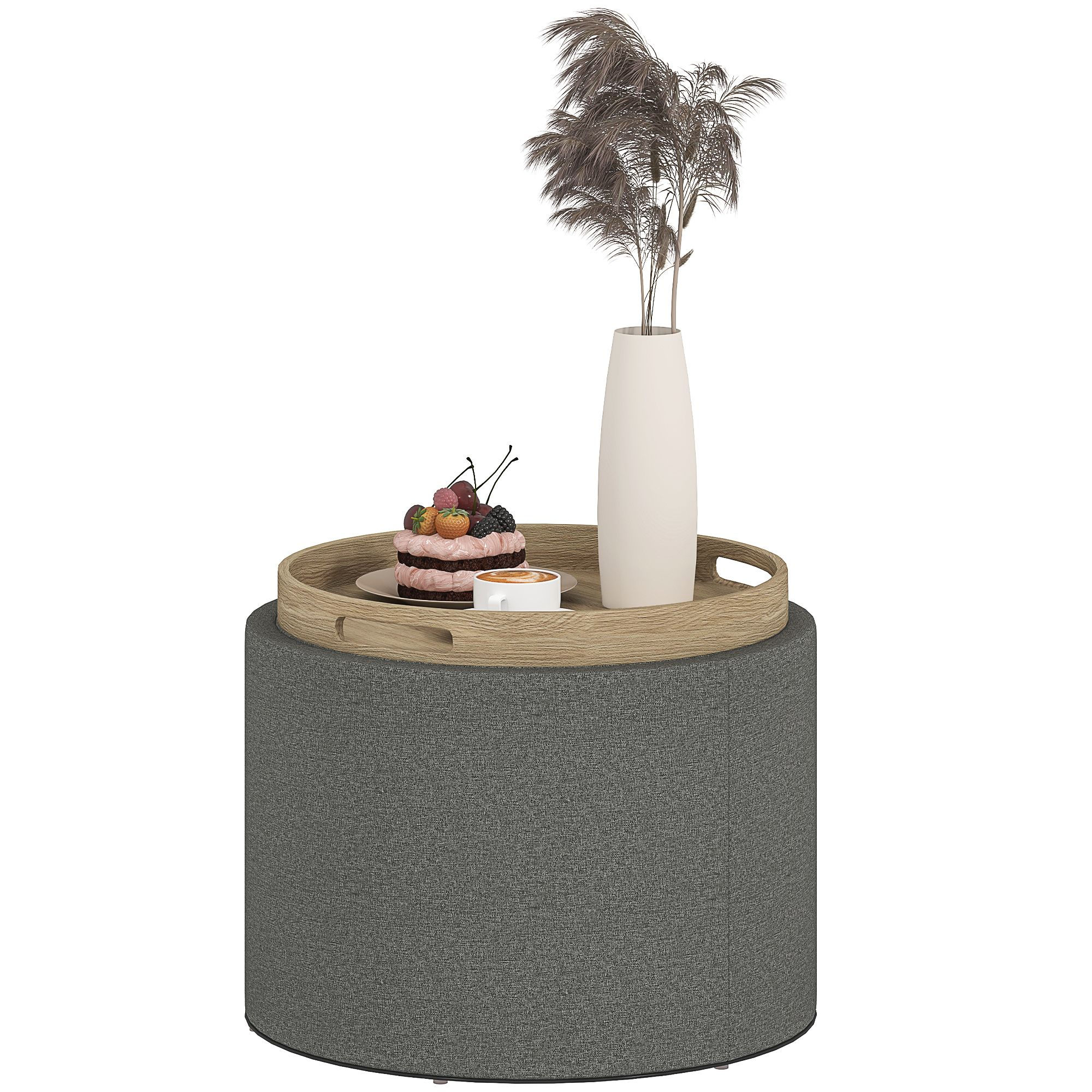 HOMCOM Round Storage Ottoman Coffee Table with Flip Top Tray, Linen Fabric Uphol