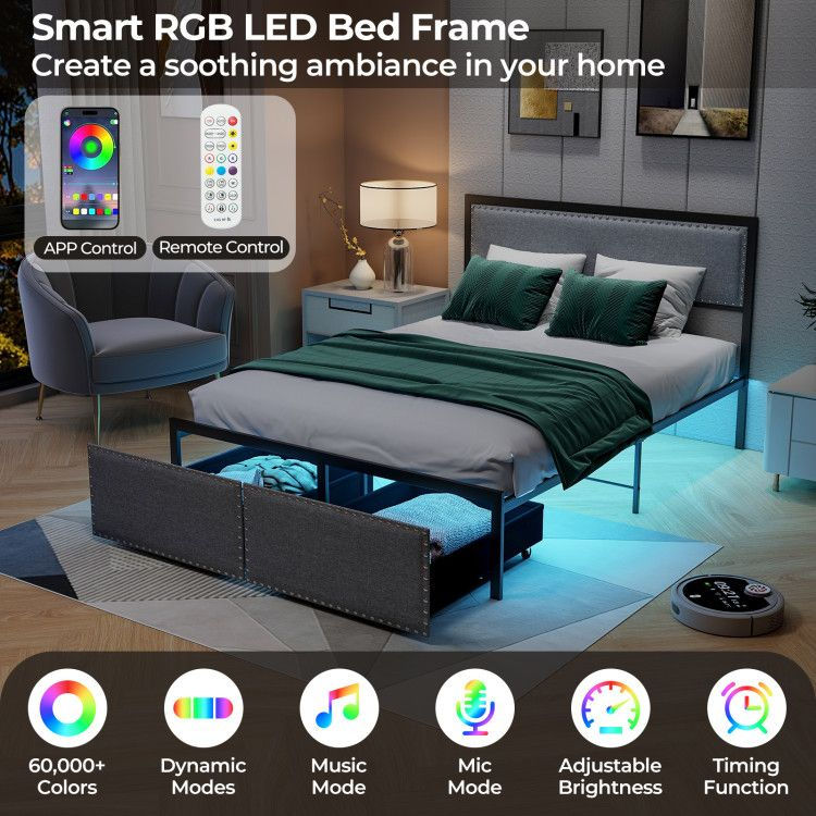 Thumbnail: Full/Queen/Twin Size Bed Frame with LED Lights Drawer and Metal Slats