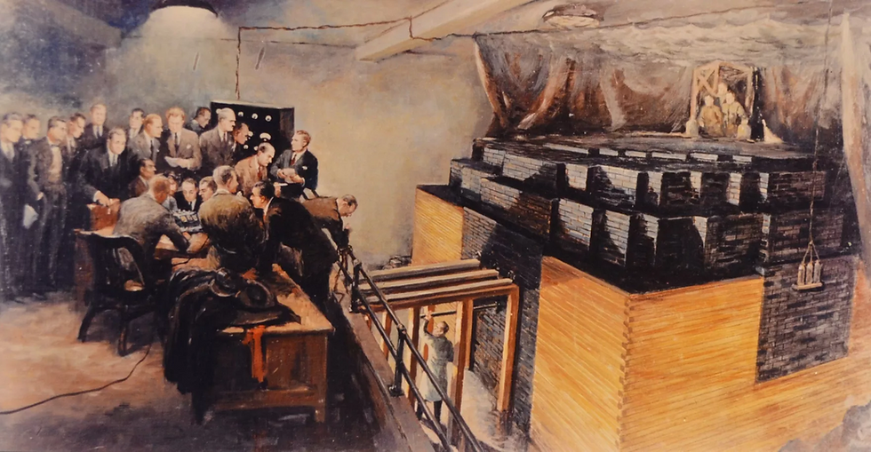 Oil painting of Enrico Fermi and a group of scientists watching as a worker moves a control rod to take Chicago Pile-1 to critical status. From the National Archives and Records Administration (542144).