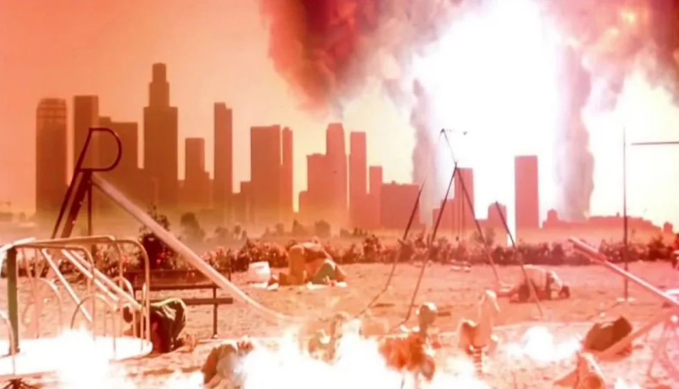 Nuclear mushroom cloud in Los Angeles from a playground