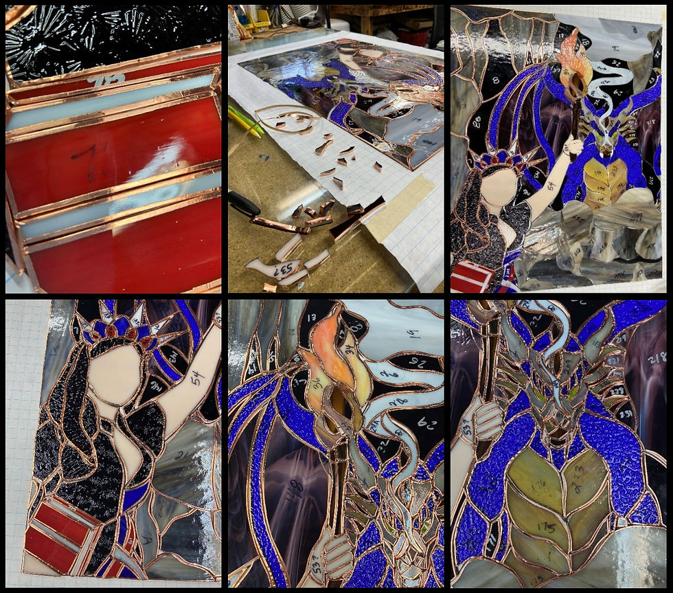 Montage of pictures showing the various parts of Light My Fire being copper foiled.
