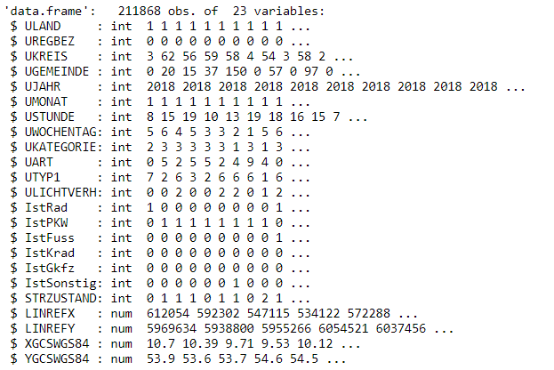 Struktur des Datensatzes "Unfallorte" mittels str()-Befehl