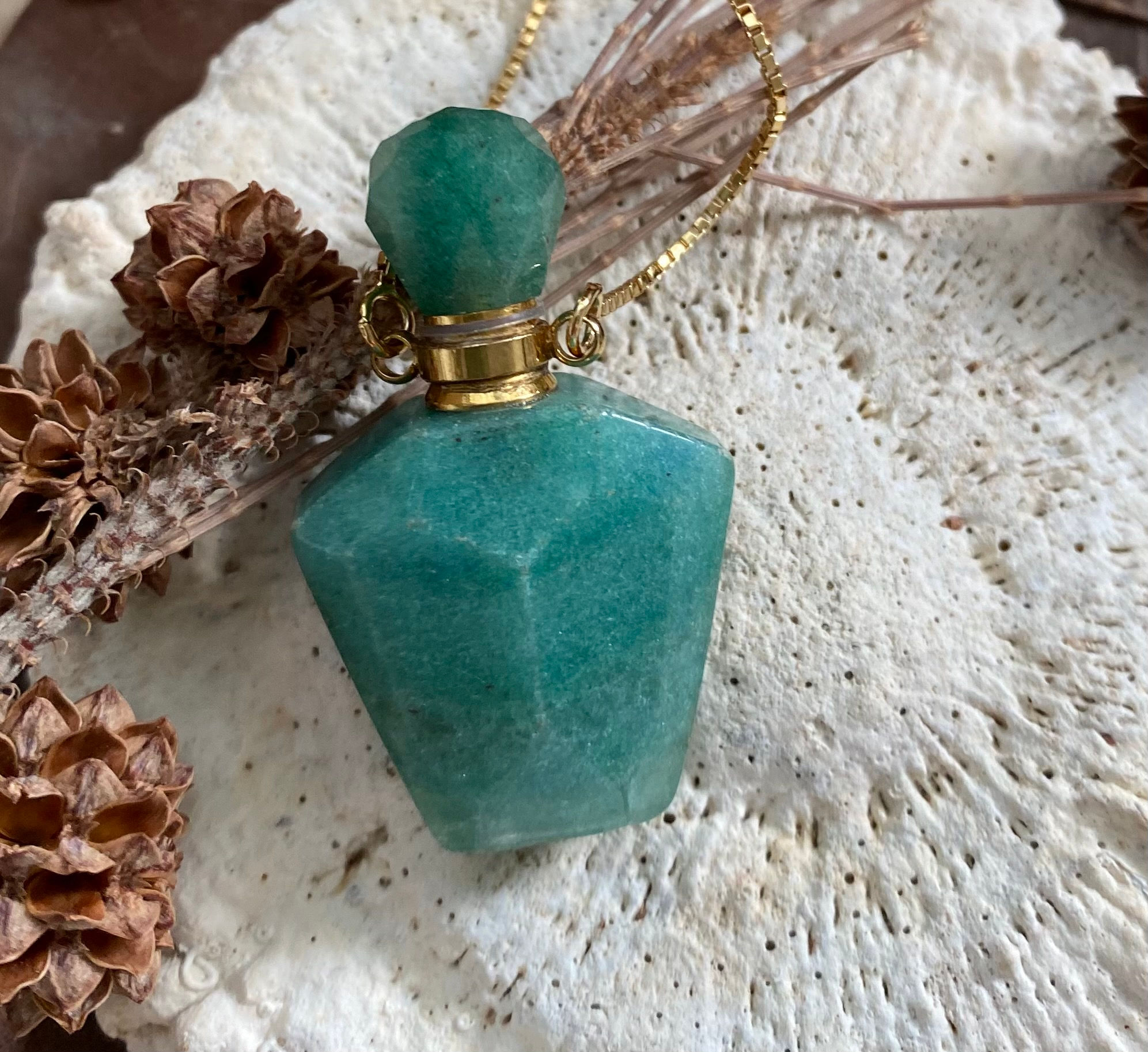 Collier plaqué OR flacon pierre véritable GEMME Quartz Vert