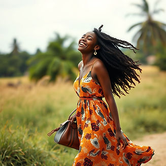 a renewed african woman walking away with a smile embodying air and dove characteristics.
