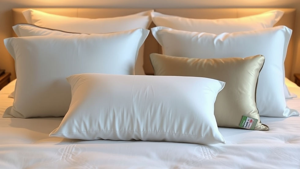 Cama elegante com diversos travesseiros de alta qualidade, de diferentes texturas e preenchimentos, ilustrando as melhores opções para um sono reparador.