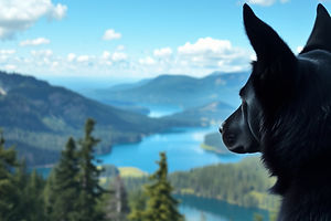 black dog with pointy ears looking out over a forrest with a lake the dog is standing on a