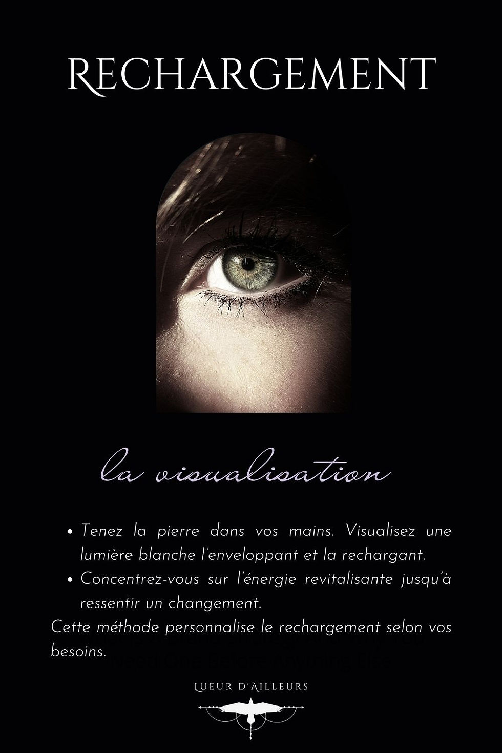 Infographie expliquant la procédure de rechargement des pierres par la méthode de la visualisation. Le processus inclut : 1) Tenir la pierre dans les mains, 2) Se concentrer sur sa respiration, 3) Visualiser une lumière blanche entourant la pierre, 4) Projeter l'intention de rechargement, et 5) Maintenir la visualisation pendant quelques minutes. Cette méthode permet d'instiller énergie et pureté dans la pierre en utilisant l'intention et la concentration.