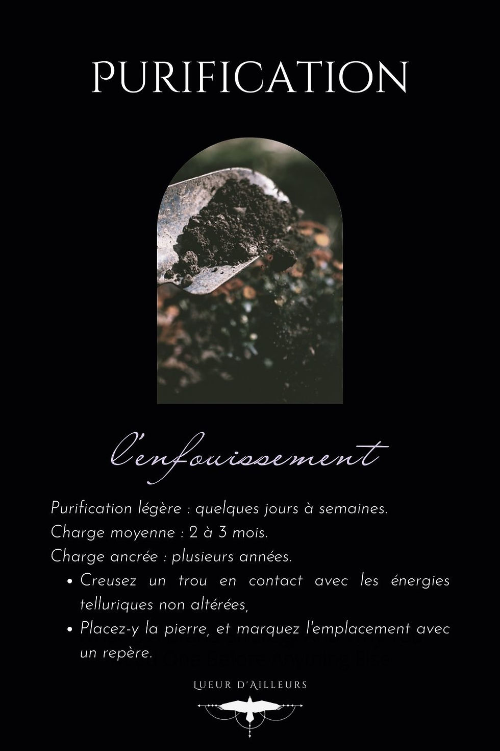 Infographie expliquant la méthode d'enfouissement pour purifier les pierres en lithothérapie. Étapes : choisir un endroit naturel, enterrer la pierre dans la terre, la laisser reposer plusieurs heures ou jours pour absorber les énergies de la nature, puis la récupérer et la nettoyer. Illustration tirée de l'article Lithothérapie : comment et pourquoi purifier vos pierres.
