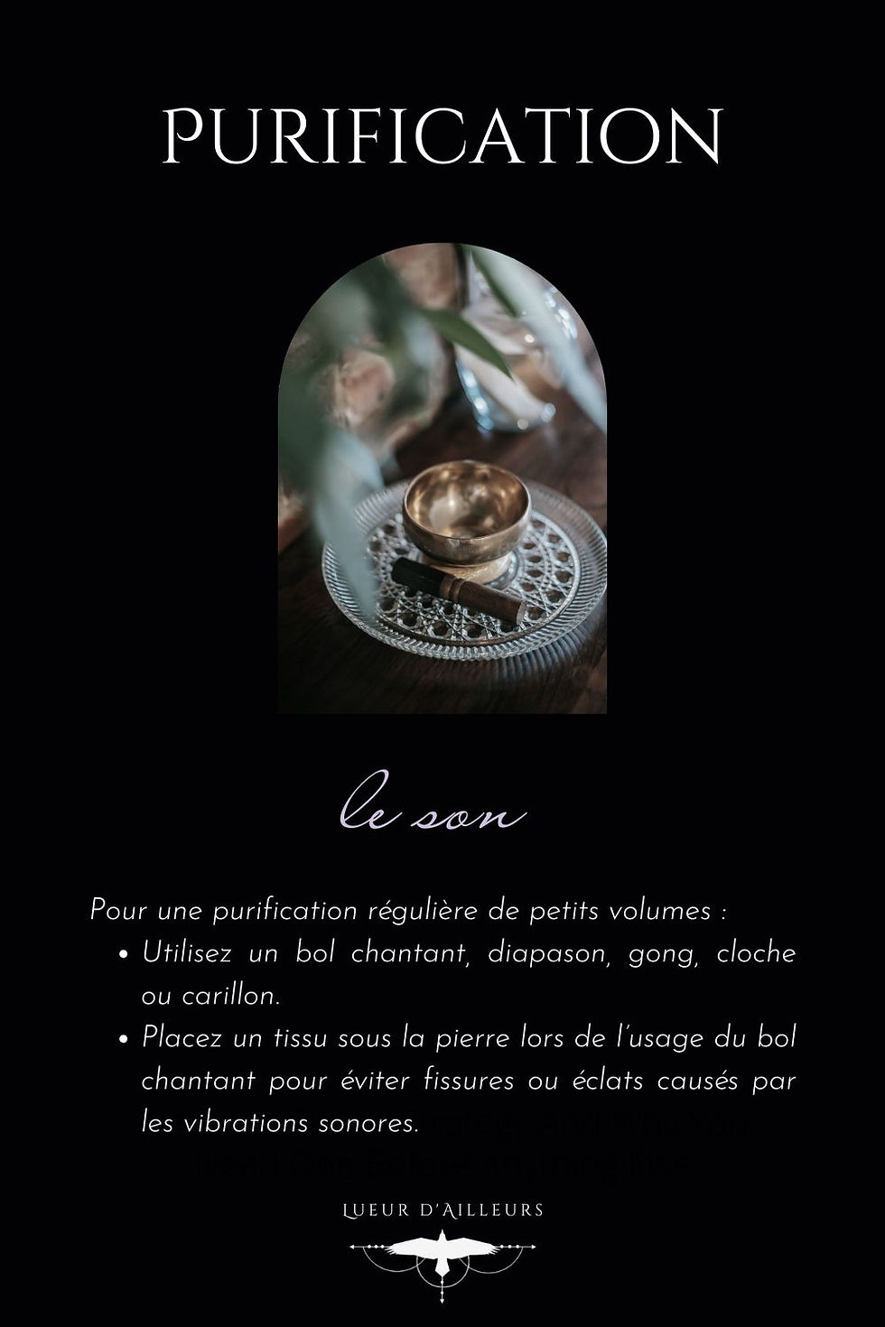 Infographie expliquant la méthode de purification des pierres par le son. Elle illustre les étapes : choisir un instrument sonore (bol tibétain, diapason, cloche), placer la pierre dans le champ vibratoire, faire résonner le son pendant quelques minutes pour éliminer les énergies stagnantes. Issue de l'article Lithothérapie : comment et pourquoi purifier vos pierres.