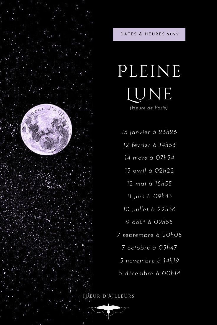 Infographie élégante illustrant le calendrier des pleines lunes de 2025. Chaque date permettant aux passionnés d'astrologie et aux amateurs de mysticisme de suivre facilement les phases lunaires tout au long de l'année. Un design céleste mêlant teintes sombres et reflets lunaires évoque l'harmonie entre les cycles de la nature et notre quête de sens intérieur.