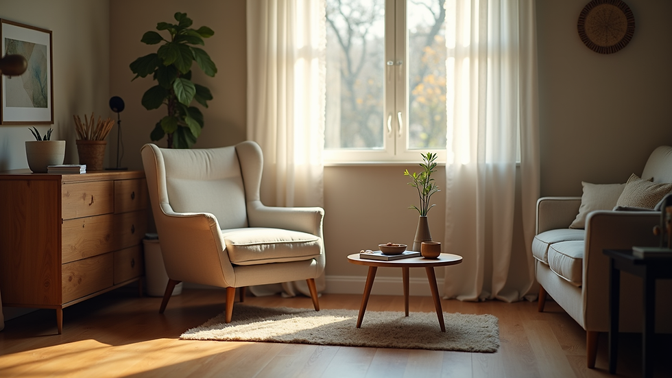 Eye-level view of a cozy living room with a comfortable chair and a small table