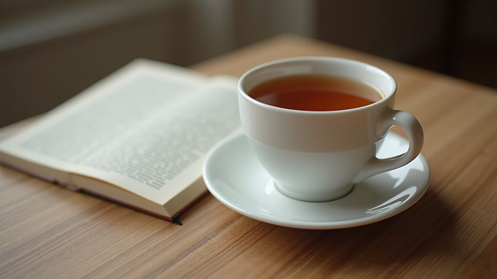Close-up view of a cup of tea and a book on a wooden table, symbolising relaxed companionship moments