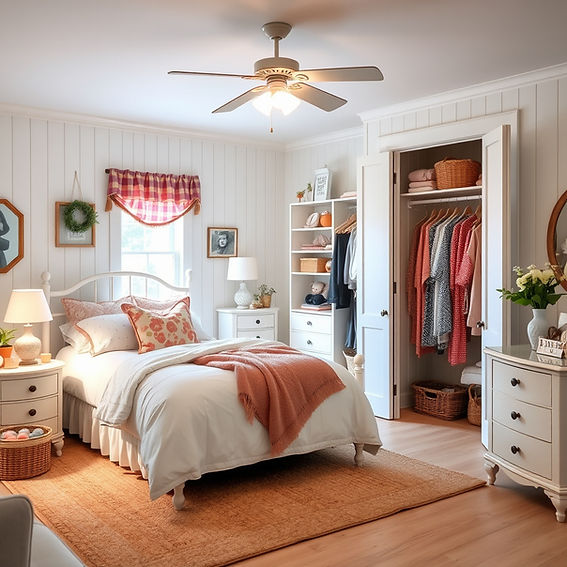 a decorated feminine farm house  bedroom that is pastel colored with big open closet with 