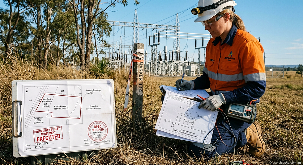 An eServices4U independent engineer conducting RPEQ substation connection due diligence and planning compliance audits for a 400 MW utility BESS in Queensland.