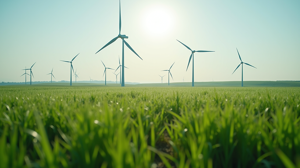 High angle view of wind turbines in a green field