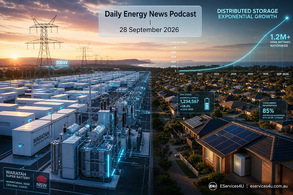 A cinematic, hyper-realistic digital composite illustrating Australia's utility-scale storage supremacy and distributed energy transformation on Monday, 28 September 2026. On the left side, the sprawling Waratah Super Battery installation at Munmorah on the NSW Central Coast features hundreds of pristine white battery enclosures and massive high-voltage step-up transformers glowing with dynamic cyan operational indicators, connected to 500 kV transmission lines under an early morning sky. On the right side, an aerial perspective over an Australian suburb reveals rooftop solar panels paired with sleek home battery systems, overlaid with glowing digital telemetry showing exponential distributed storage growth curves. Floating cleanly in the upper center, a frosted glass panel displays: "Daily Energy News Podcast | 28 September 2026". In the bottom corner, a minimalist corporate brand watermark states "EServices4U | eservices4u.com.au". Industrial realism style, ultra-detailed architectural rendering, rich volumetric lighting, 8k resolution.