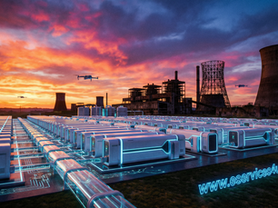 Futuristic Liddell battery energy storage system replacing an old coal power plant in Australia, representing the transition to clean renewable energy. Expert consulting by EServices4U.