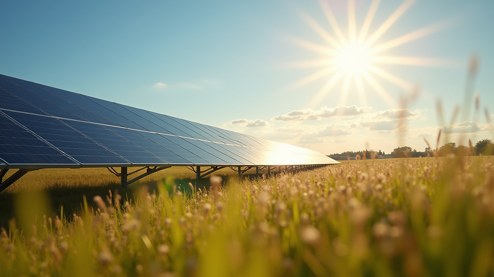 Eye-level view of a large solar panel array in a sunny field