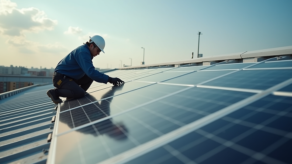 High angle view of a technician installing solar panels on a commercial building roof
