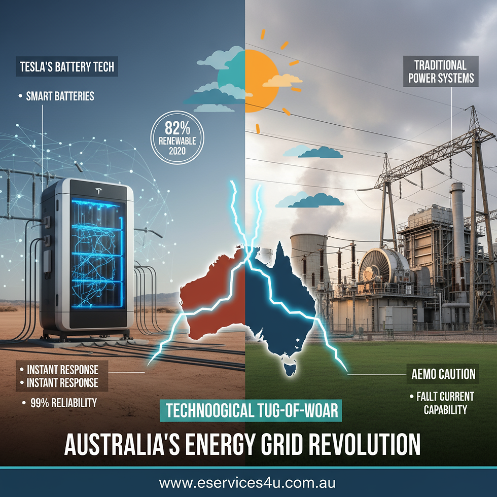 Infographic by EServices4U comparing Tesla's battery inverters vs traditional synchronous condensers. It illustrates Australia's energy transition, the debate around AEMO's grid stability concerns, and the path to reaching the renewable energy target.