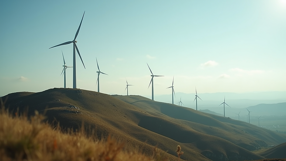 Wide angle view of a wind farm with multiple turbines on a hill