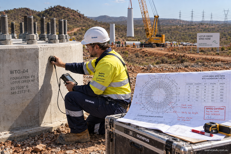 An eServices4U independent engineer conducting RPEQ structural foundation audits and electrical balance-of-plant due diligence for the 285 MW Lotus Creek Wind Farm in Central Queensland.