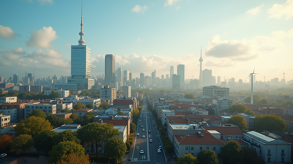 Wide angle view of a lively city powered by renewable energy