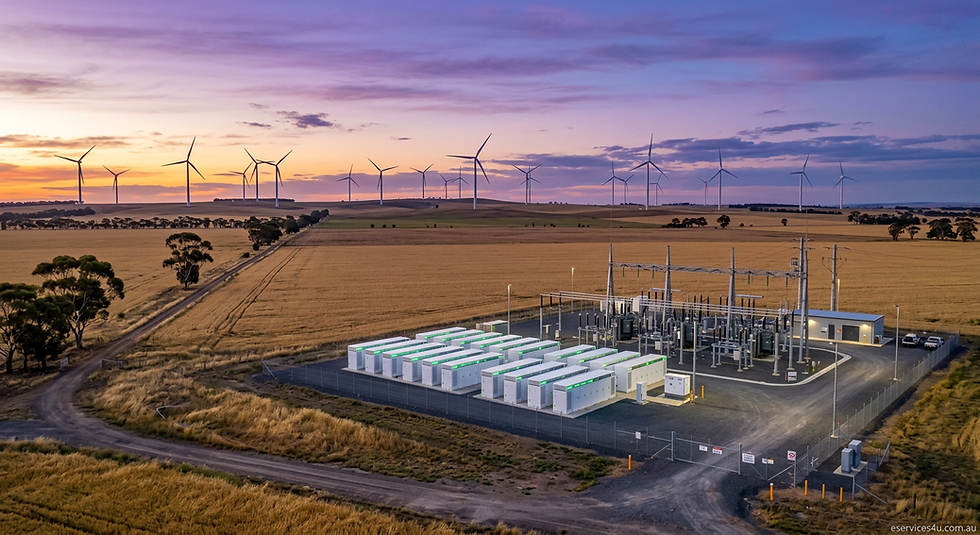 The $5B Warracknabeal Energy Park showcasing a wind turbine array and battery storage integration for EServices4U energy consultancy.