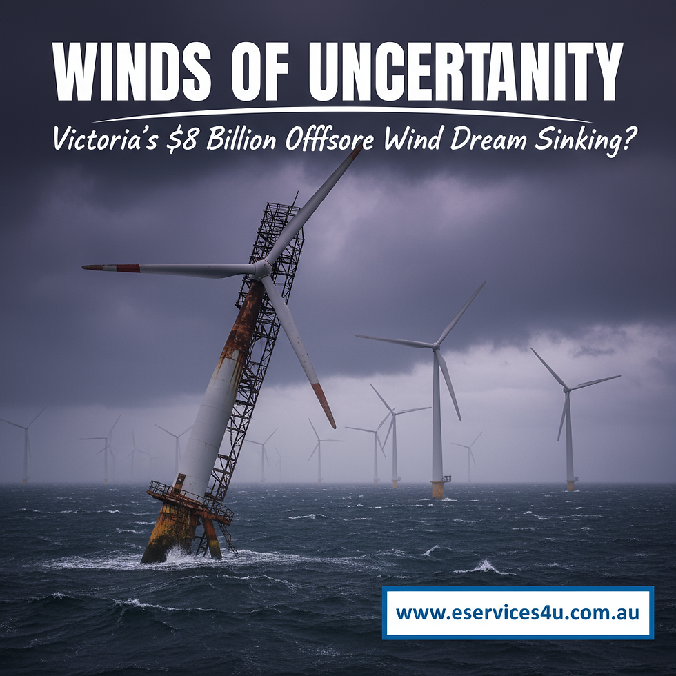 A rusty, sinking offshore wind turbine in a stormy sea, symbolizing the "Winds of Uncertainty" facing Victoria's $8 billion renewable energy project | EServices4u | Solar Panel