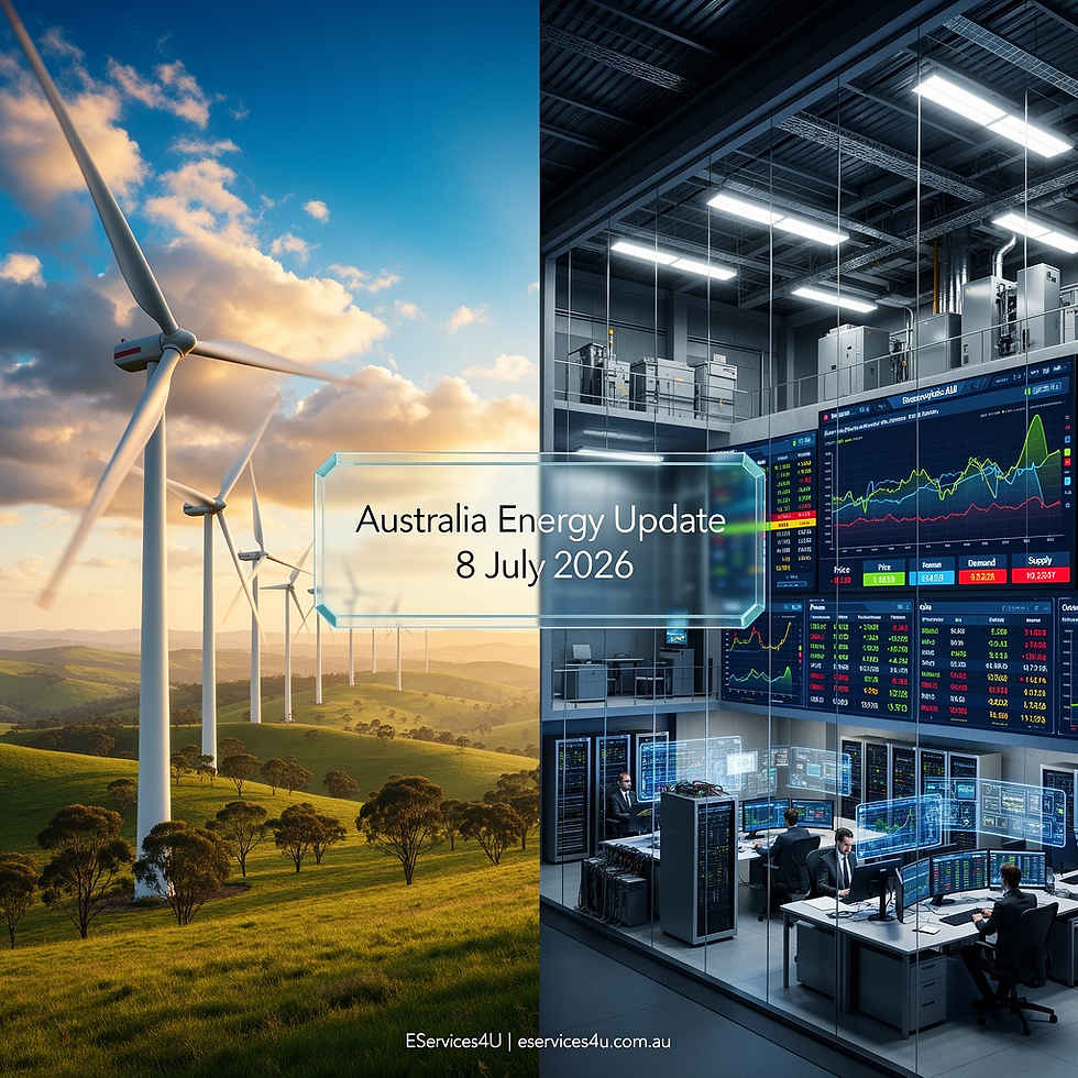 A cinematic and hyper-realistic digital artwork capturing a defining moment for the Australian wind grid on Wednesday, 8 July 2026. On the left side, a pristine landscape features massive, next-generation 7.2 MW white wind turbines spinning gracefully over rolling hills under a vibrant afternoon sky. On the right, a hyper-detailed architectural cutaway of a grid control hub displays live electricity pricing monitors overlaying real-time market data streams. In the center, a bold floating glass panel cleanly reads "Australia Energy Update | 8 July 2026". In the bottom corner, a minimalist, elegant corporate brand watermark states "EServices4U | eservices4u.com.au". Industrial realism style, dramatic volumetric lighting, high contrast, 8k resolution.