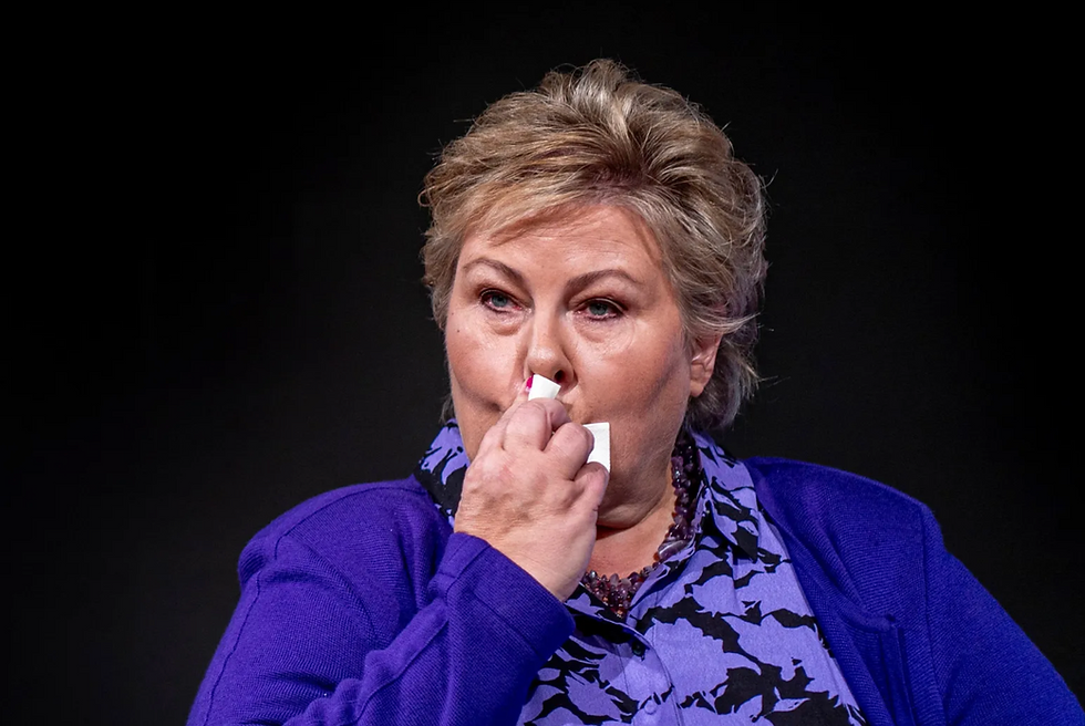 Ta Erna Solberg. Tårene kan umulig ha hatt en negativ effekt, skriver Hanne Marstrand om Solbergs pressekonferanse 15. september.Foto: Heiko Junge / NTB