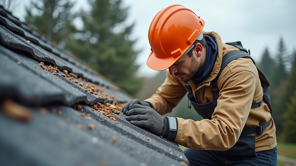 Close-up view of roofing contractor inspecting roof damage