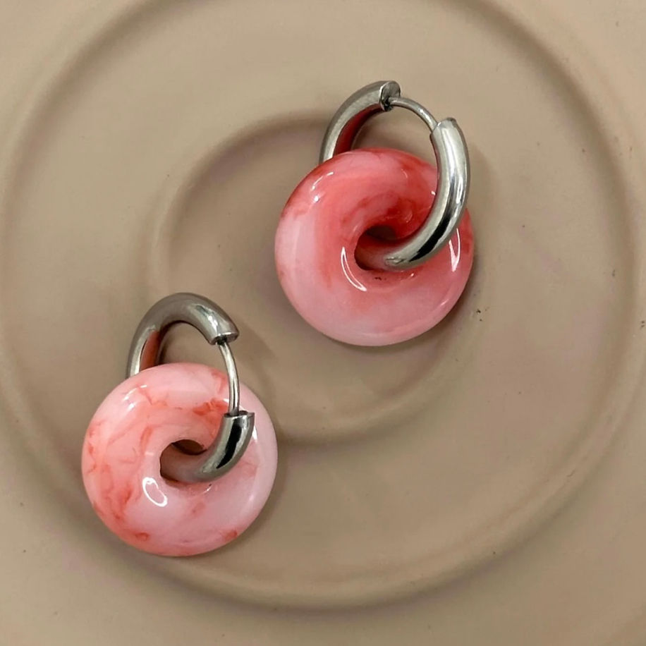 Mermer Pembe Donut Halka Küpe