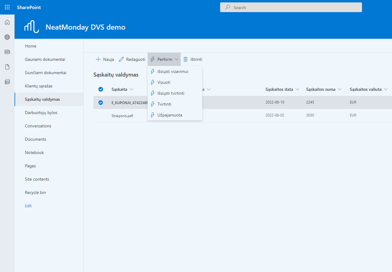 sharepoint DVS invoices list