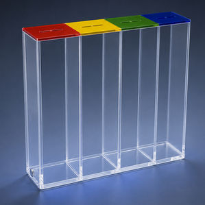 Clear acrylic token display stand with coloured acrylic samples