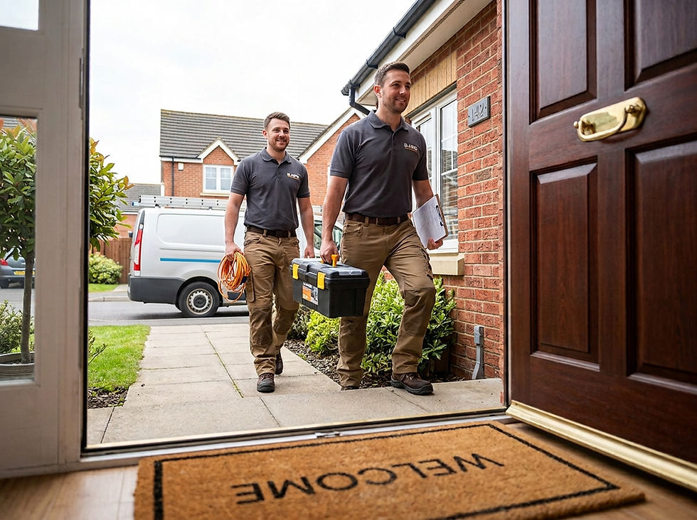 Two maintenance men carrying tools through the front door of a home.