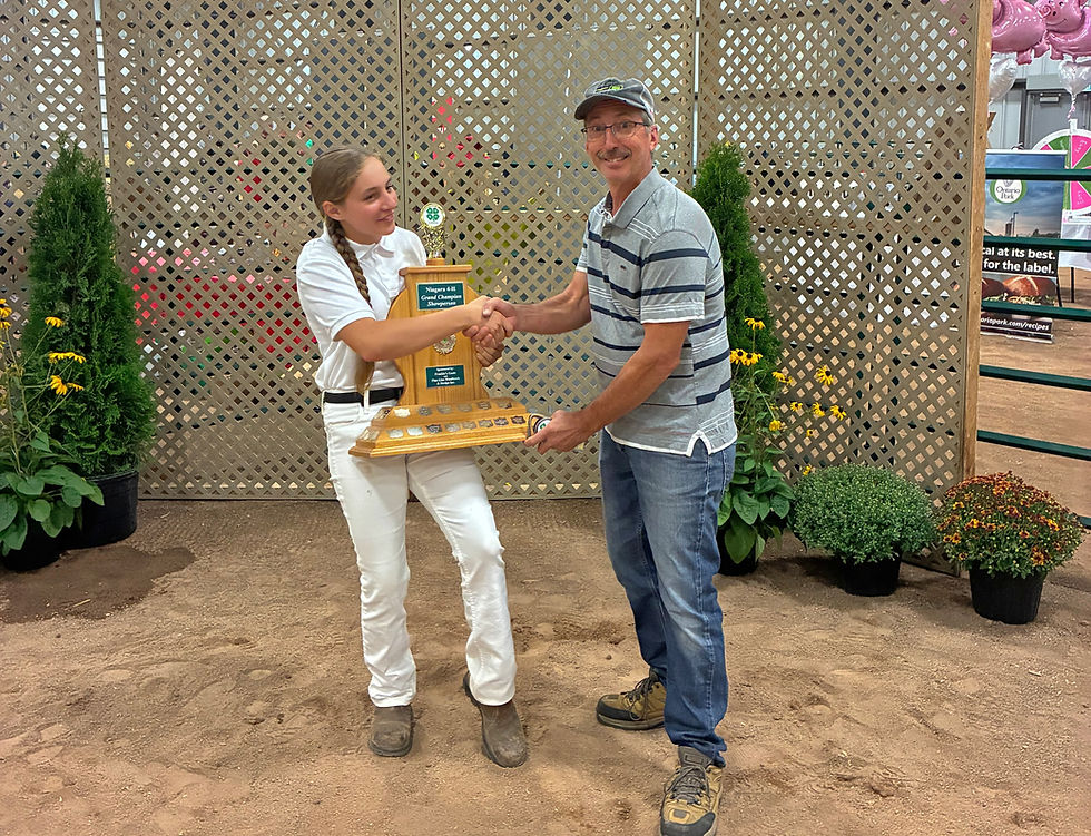 Emily Kelly excitedly accepts the Grand Champion Showmanship trophy from sponsor Jeff DeBoer. ~ Ann Marie Chechalk