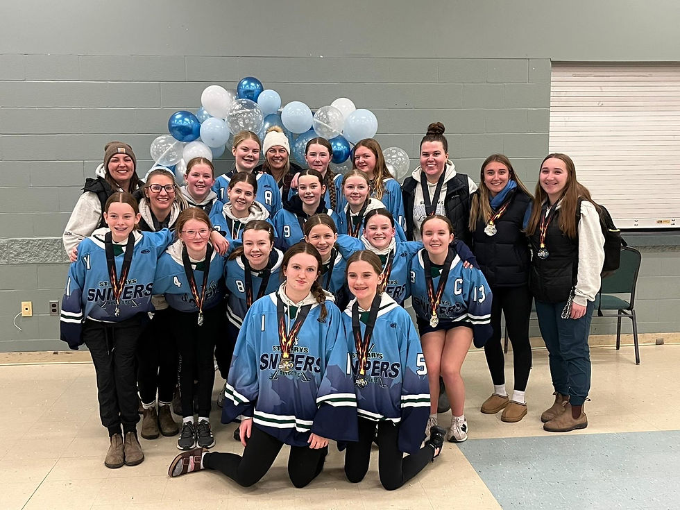 The St. Marys Rotary Club-A.N.A.F. U14 A St. Marys Snipers took the silver medals at the Waterloo Ringette Association Winterfest Tournament Jan. 9-11. Pictured in the front row, from left to right, are Anna Hogan and Maelle Hachler. In the second row, from left, are Olivia McCutcheon, Lilly Garniss, Meredith Stokes, Madi McCutcheon, Rachel Mabon and Kyla Graham. In the second row, from left, are coach Christen Graham, head coach Kim Garniss, Sam Hamilton, Lily Johnston, Kenzie Shackleton and Mary McCutcheon. In the third row, from left, are Jordyn Schellenberger, trainer Laurie McCutcheon, Scarlett Gloor, Hadley Bolinger, coach Natalie Raey, coach Regan Frayne and coach Kacey Graham. Contributed photo