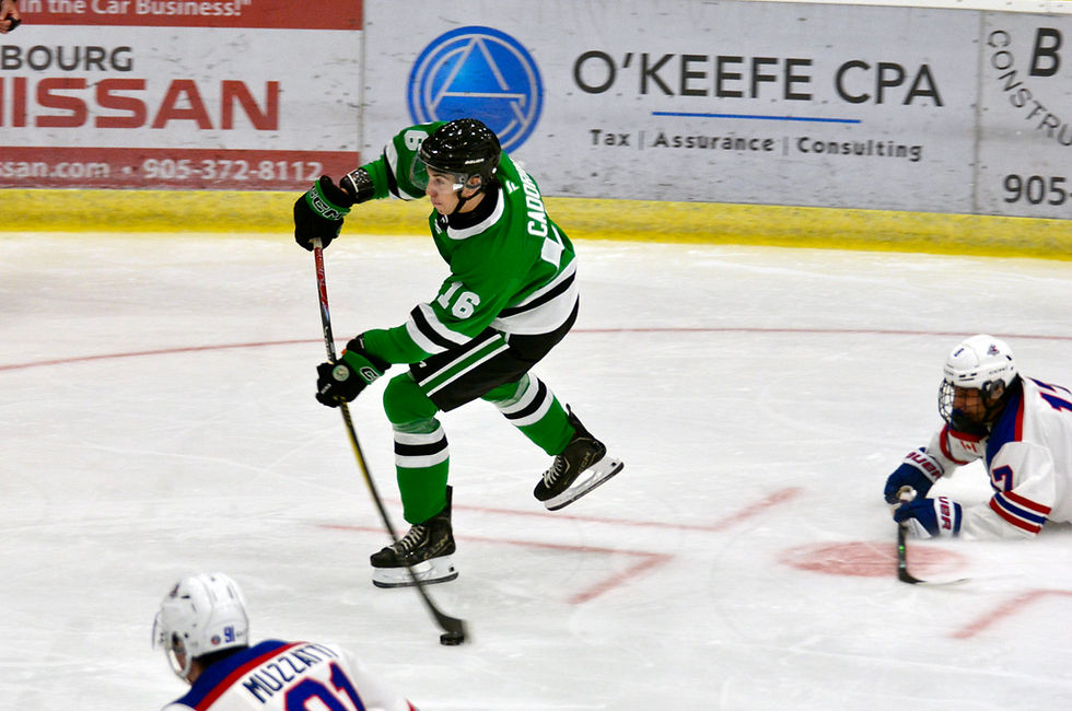 Cobourg Cougars’ Joseph Cadorin’s (16) stick bends as he released a shot on goal in the first-period against the Newmarket Hurricanes at the Cobourg Community Centre on Monday, Sept. 21. /Alan Rivett photos