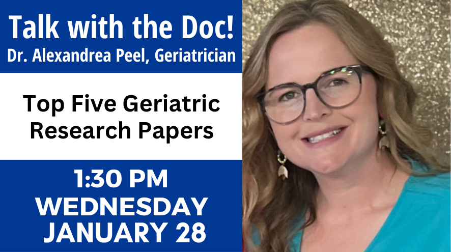 Local geriatrician Dr. Alenxandra Peel returns with her virtual Talk with the Doc! Presentation over Zoom on Jan. 28. Image courtesy of Alzheimer Society of Huron Perth. Contributed image