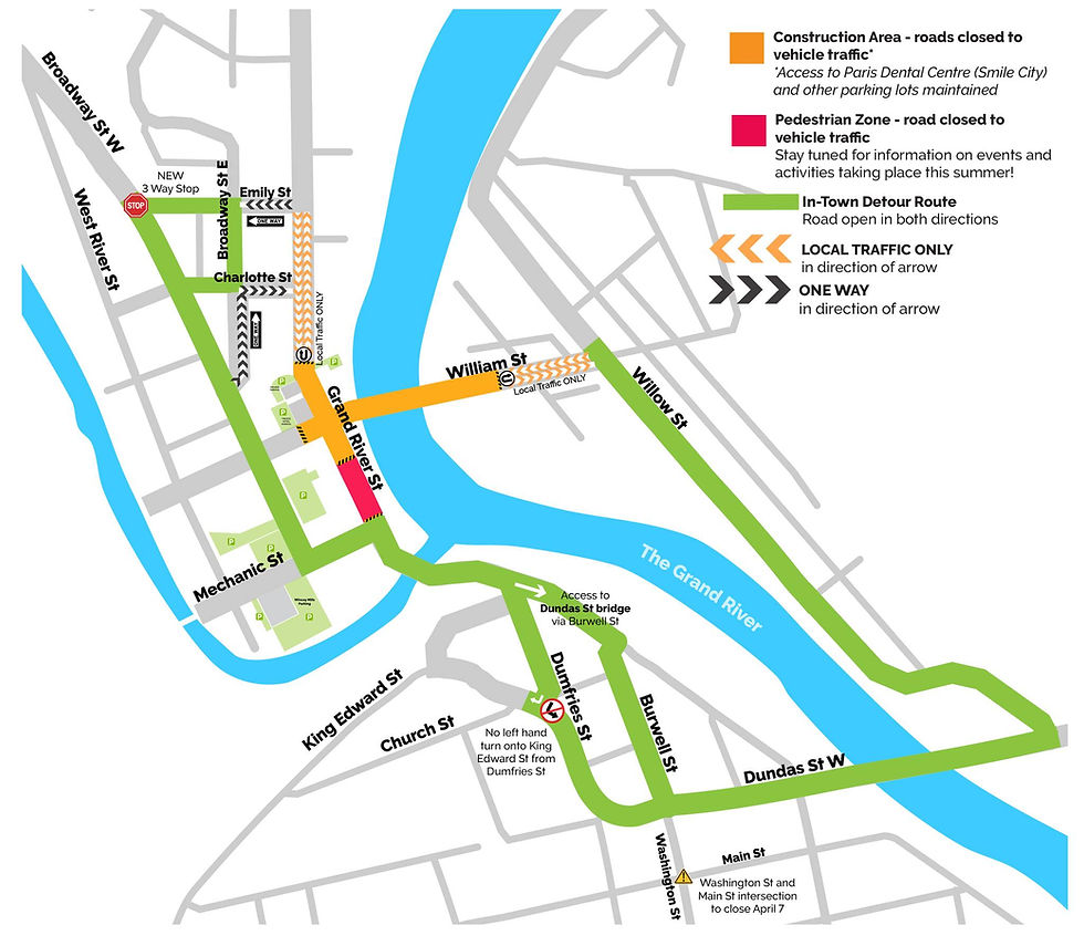 A map provided by the County of Brant outlines road closures, detour routes and traffic changes in downtown Paris as construction resumes April 8, with access maintained for local traffic and businesses.