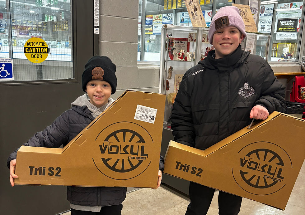 Finlann Lichti and Jaxson McGeoch took home brand-new scooters. Photo courtesy of Tavistock Royals