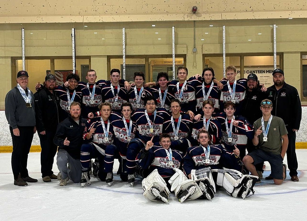 The St. Marys Cement U18 A Boys St. Marys Rock won the gold medal at the Rock Preseason Showdown Sept. 26-28. Pictured sitting in the front, from left to right, are Luke Binning and Reid Taylor. In the kneeling row, from left, are trainer Eric Burford, Kolton McAllister, Zach Larmer, Simon Taylor, Jared Ballantyne, Ethan Henderson, Finn Wright and Ethan Jarmuth. In the standing row, from left, are trainer Mason Boonstra, assistant coach Lucas Spence, Eli Rovillos, Ben Ewing, Hayden Wright, Nic Brintnell, Sam Johnson, Evan Ballantyne, Evan Pym, Danny Switzer, head coach Gord Cookson and assistant coach Kyle Spence.