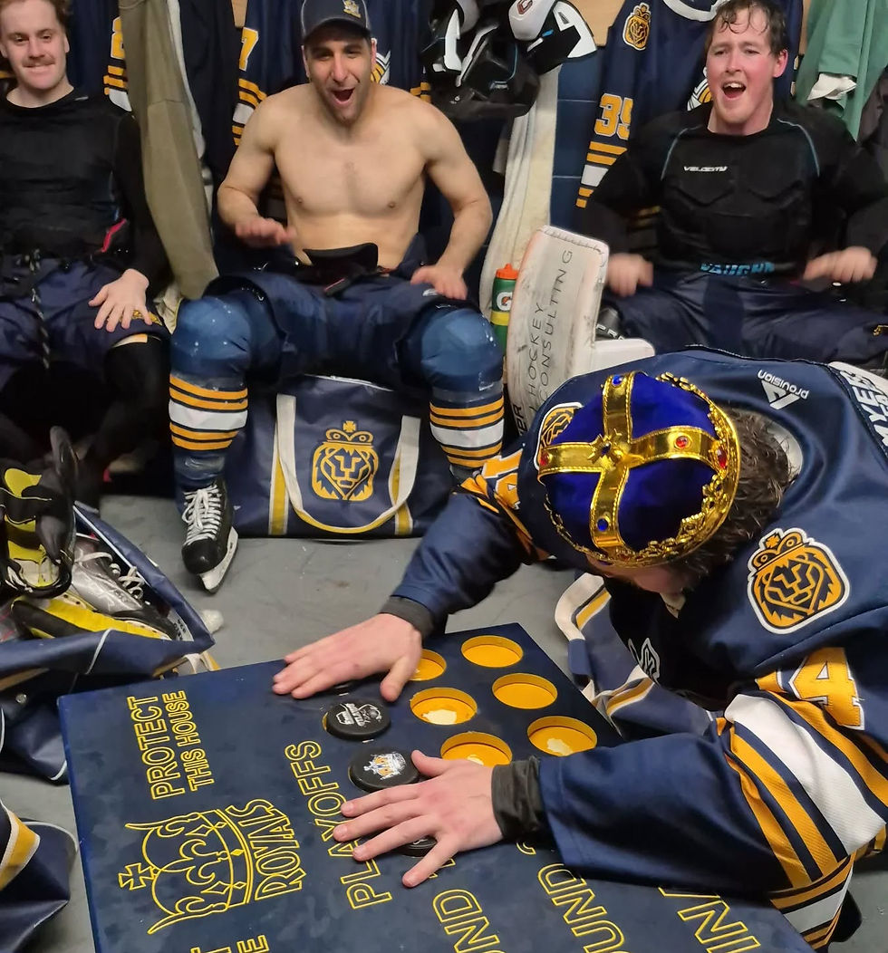The Tavistock Royals continue to follow the playoff tradition of adding a puck to a wooden board marking every playoff win. Veteran Drew Gerth was given the honour on Sunday afternoon as Tavistock completed a four-game sweep of the Erin Outlaws. Photo courtesy of Tavistock Royals