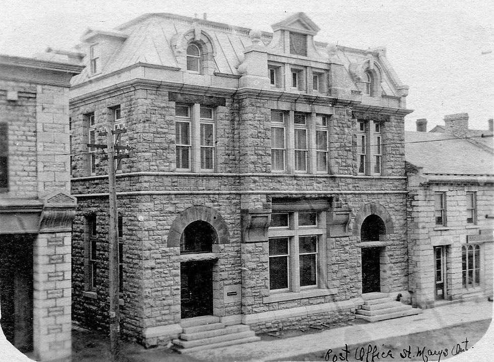 A postcard showing the St. Marys Post Office, constructed in 1908. When the new post office opened in 1957, this building was bought by Sergio Boscarato and opened as a restaurant, Sir Joe's. It is currently Gilly's Pubhouse.