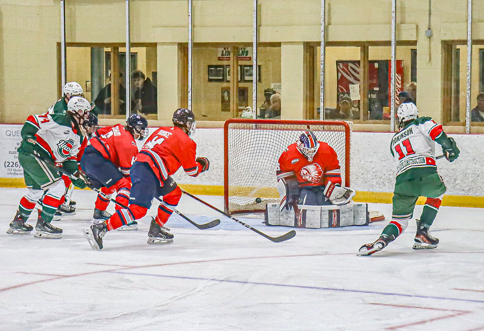 Ryan Hodkinson buries the first goal of the 2026-2027 season during the St. Marys Lincolns’ home opener against the Stratford Warriors Sept. 11.