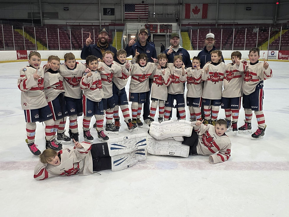 The Dunny’s Source For Sports U10 A Boys St. Marys Rock won the gold medal while wearing Canadian jerseys at the CCM Nations Cup Nov. 28-30 in Detroit, Mich, including a 5-3 win in the finals and shutting out opponents 23-0 in four round-robin games. Pictured laying in front, from left to right, are Everett Douglas and Jack Becker. In the middle row, from left, are Quinn Stewart, Ben Hemstock, Zac Bes, Brody Pearson, Ryker Harrison, Callum Palmer, Landon Mcintosh, Max Bilyea, Maclean Ross, Zach Rasenberg, Jacob Zwambag, Nicholas Madsen and Carter Van Wieren. In the back row, from left, are Chris Van Wieren, Drew Pearson, Rod Harrison and Dan Mcintosh.